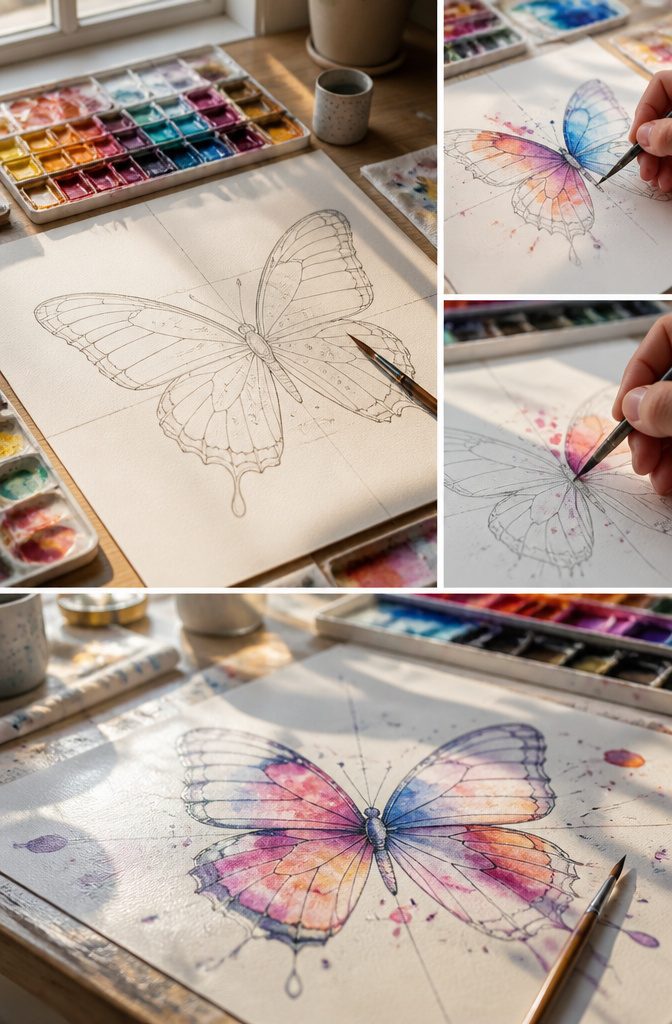 How to Sketch Butterfly Tattoos: 7 Drawing Styles from Fine Line to Geometric 5 Watercolor butterfly sketch with outlined wings and space for color.