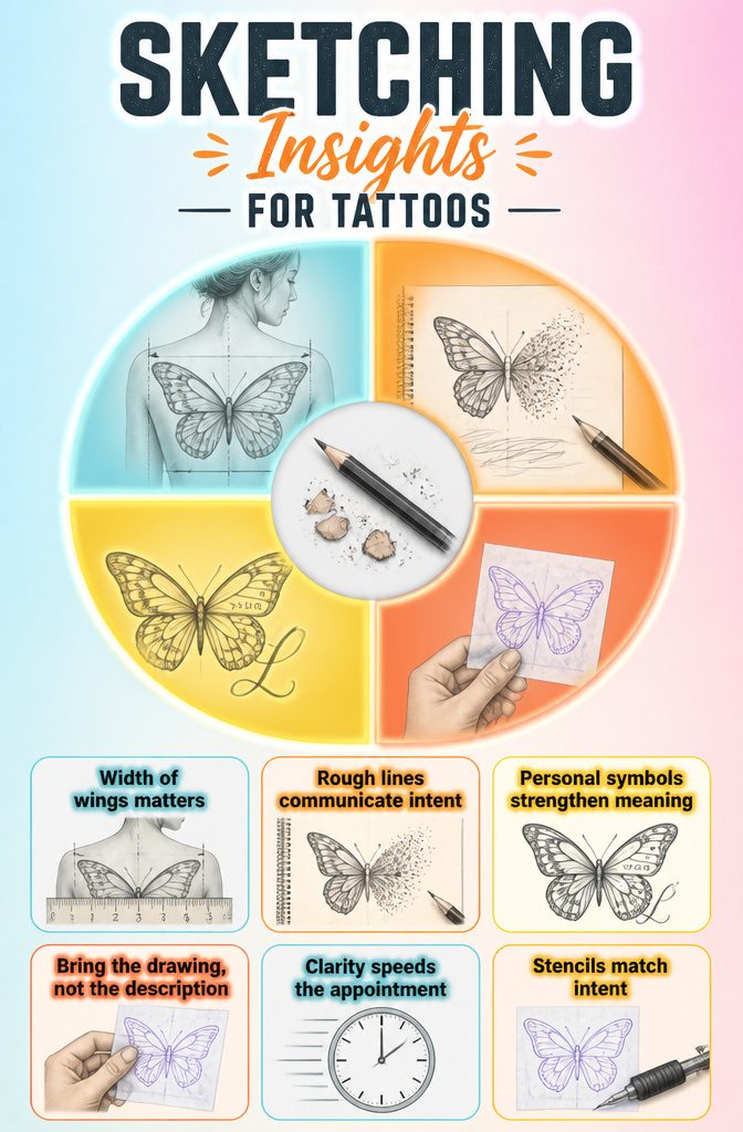 How to Sketch Butterfly Tattoos: 7 Drawing Styles from Fine Line to Geometric 12 Illustration emphasizing the need for proper wing proportions.