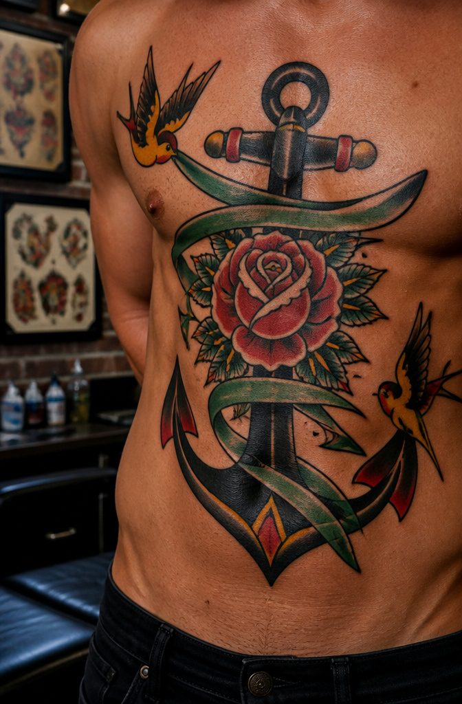 An American Traditional tattoo with thick black outlines and flat colors.