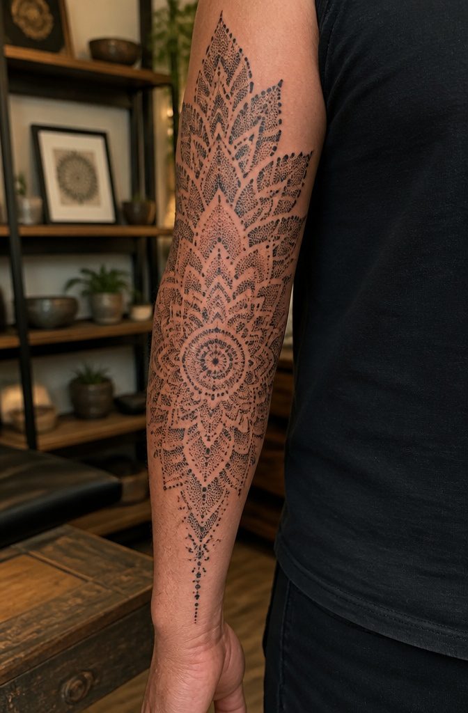 A Dotwork tattoo created from numerous individual dots forming a mandala.
