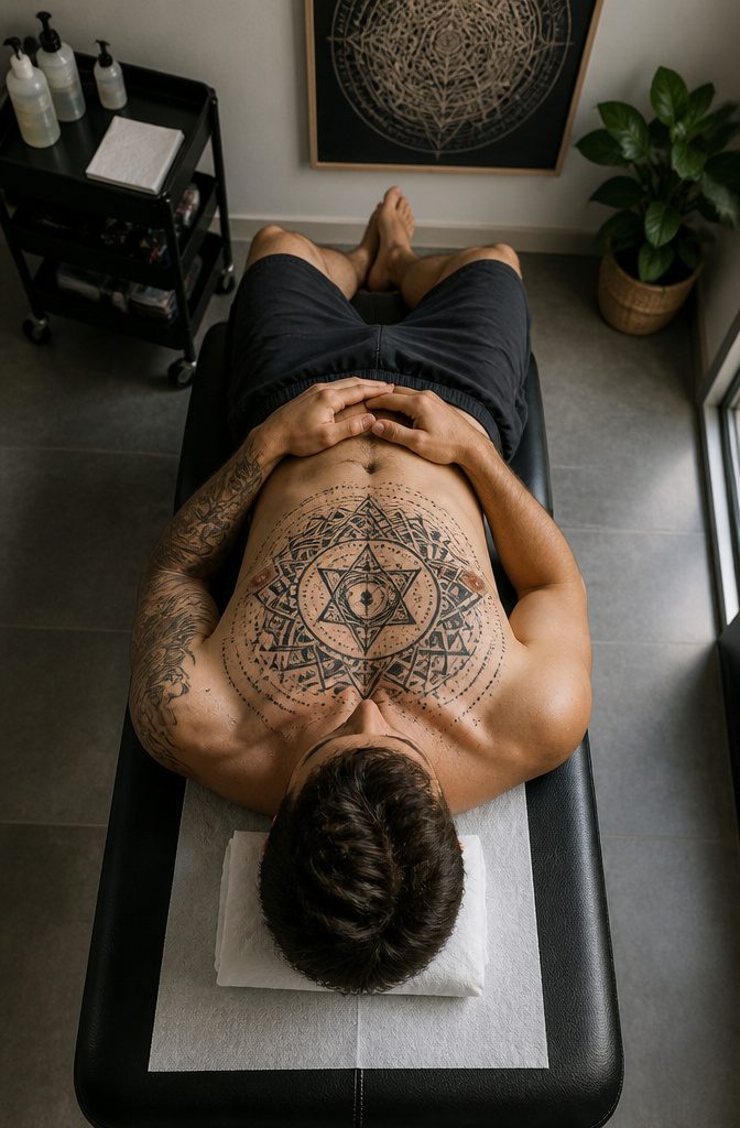 A Geometric tattoo featuring precise shapes and symmetrical patterns.