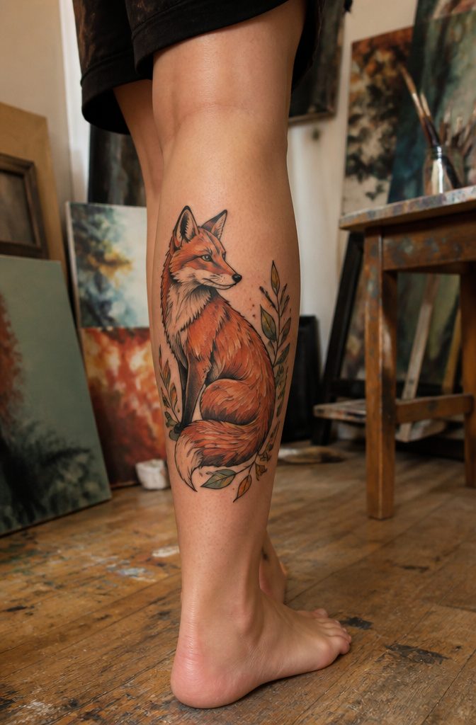 An illustrative tattoo depicting a fox with unique outlines and shading.