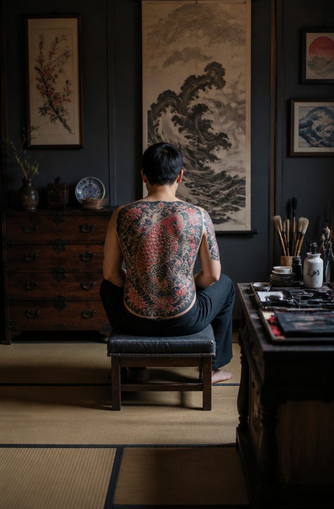A Japanese tattoo with dragons and cherry blossoms in vibrant colors.