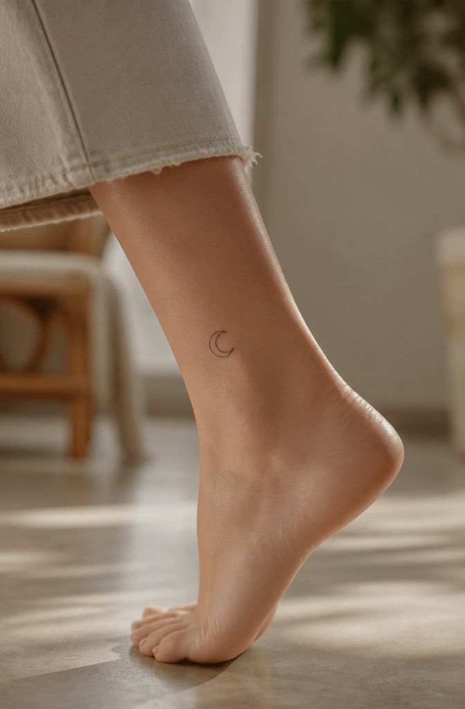 A minimalist tattoo featuring a simple crescent design on the wrist.