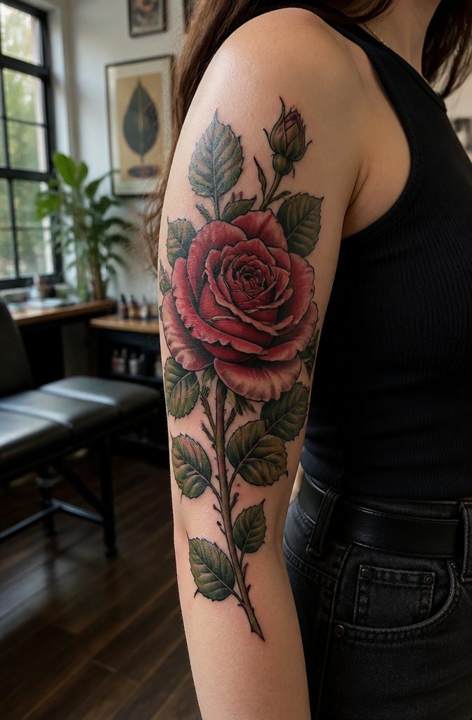 A Neo Traditional tattoo showing a detailed rose with blended colors.