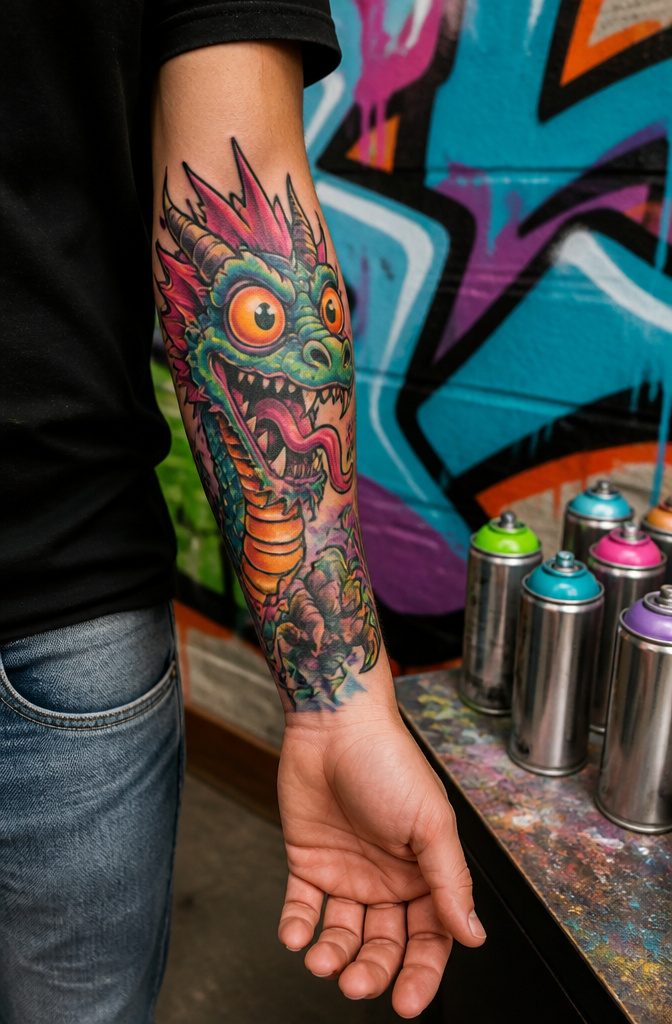 A New School tattoo depicting a cartoon dragon with exaggerated features.