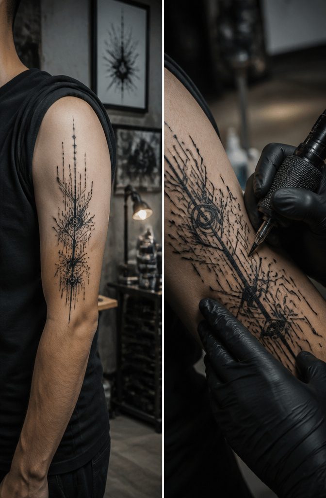 A Cybersigilism tattoo featuring sharp lines and digital-inspired patterns.