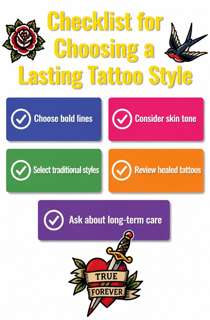 A checklist outlining factors for selecting a durable tattoo style.
