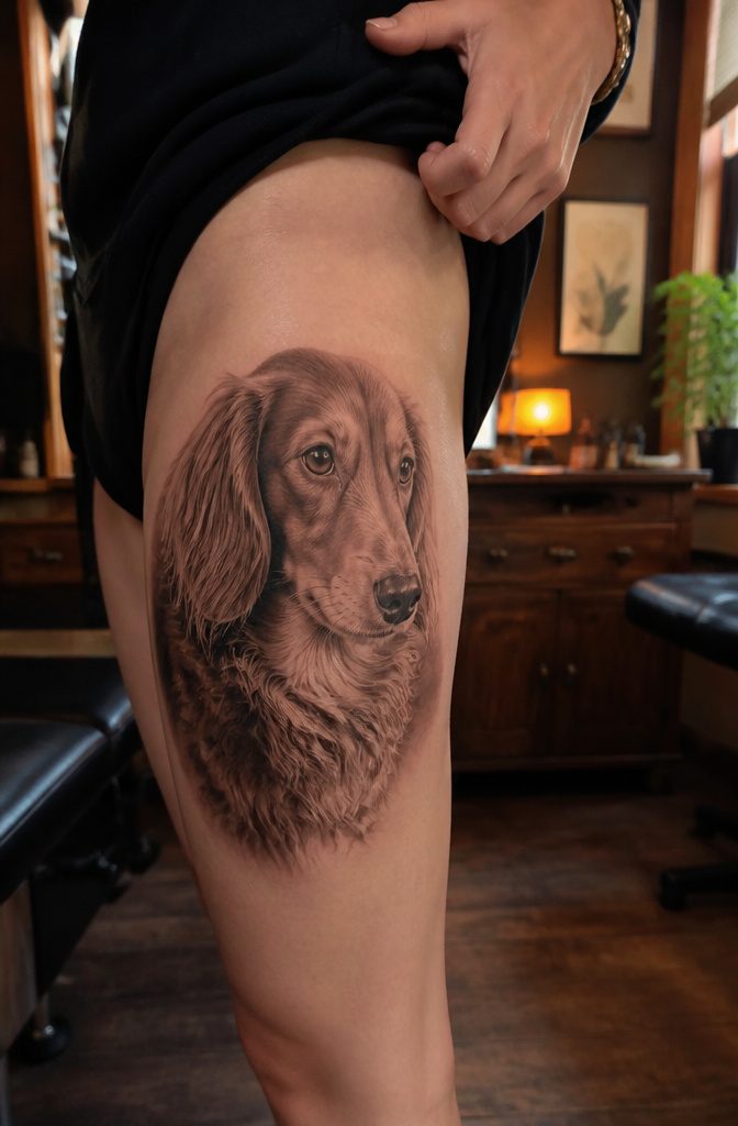 A Realism tattoo displaying a detailed portrait of a pet.