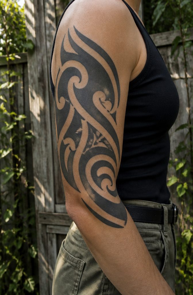 A Tribal tattoo with bold black lines and curves on the skin.