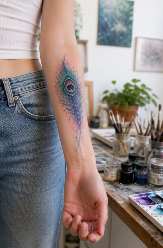 A Watercolor tattoo illustrating a peacock's feather with blended colors.