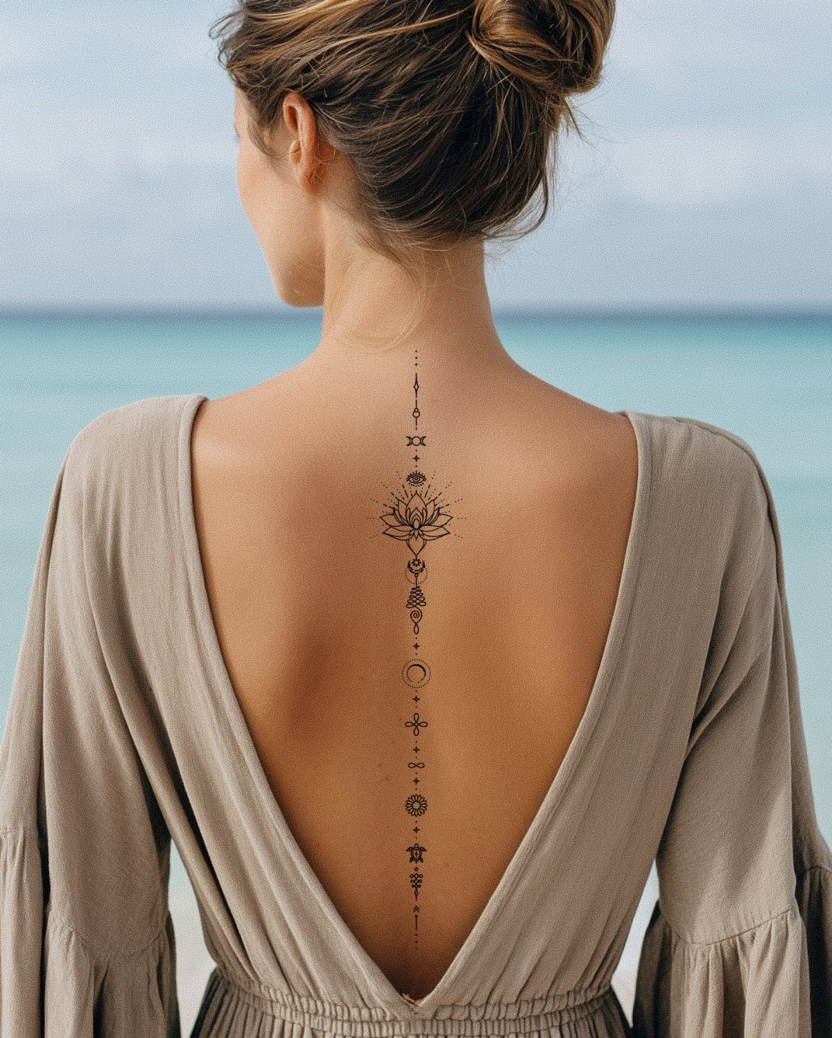 A woman's back featuring a vertical black ink spine tattoo with a lotus flower design.