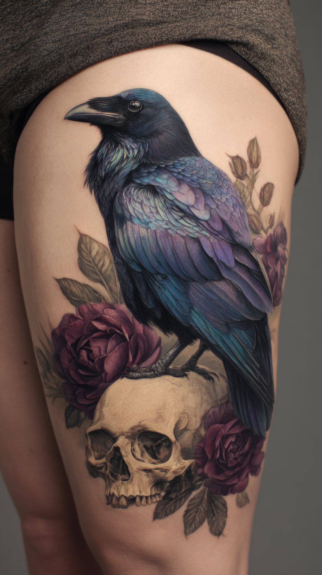 A realistic tattoo of a dark raven perched on a skull with purple roses.