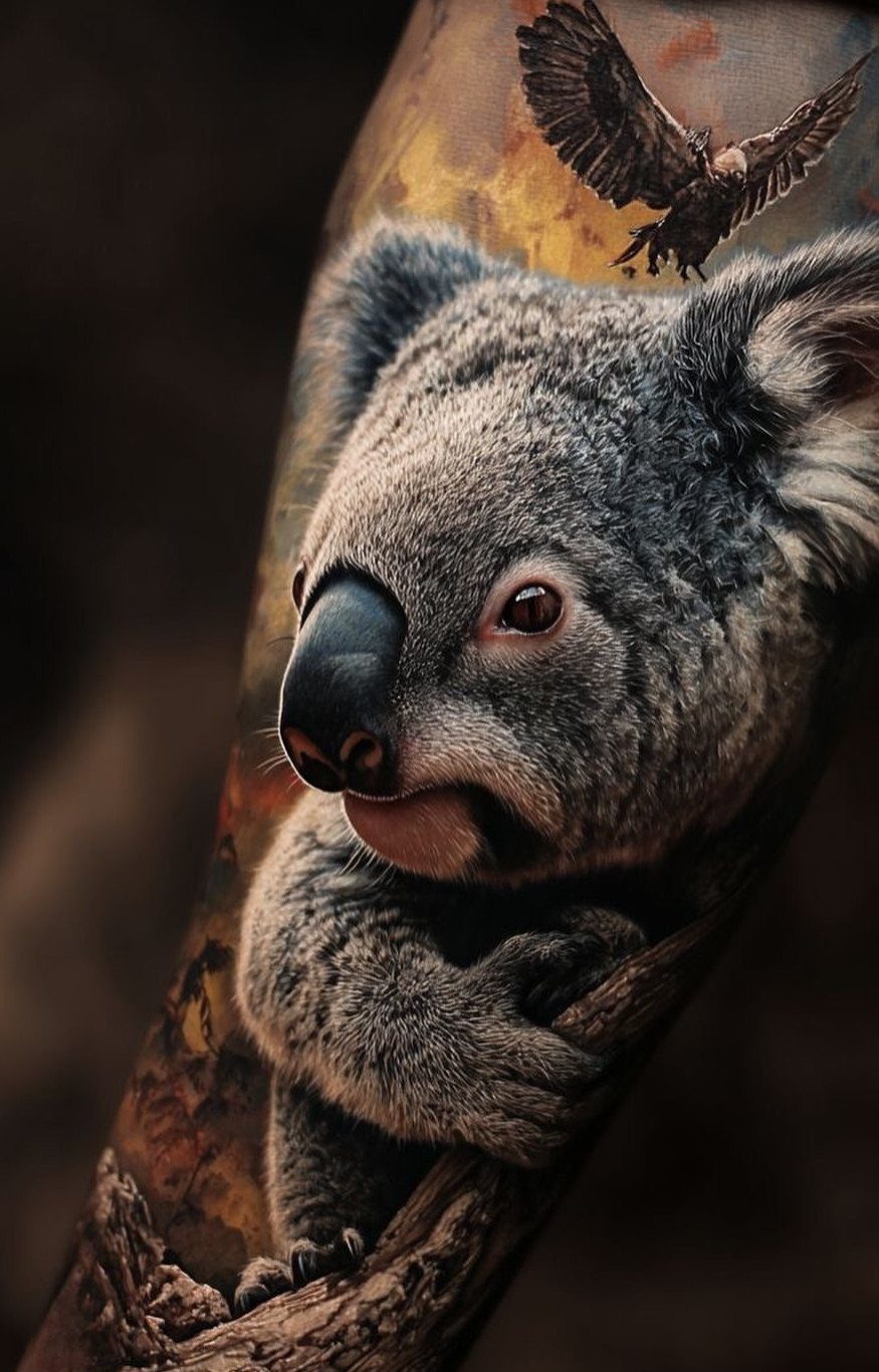 A realistic koala tattoo with detailed grey fur and a bird in the background.