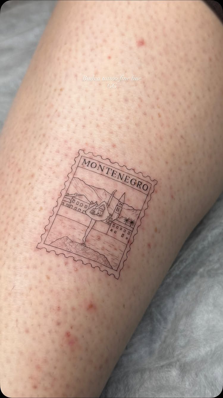 8 Tiny Travel Tattoo Ideas for Your Next Piece of Ink 7 A small postage stamp shaped tattoo of a Montenegro landscape on human skin.