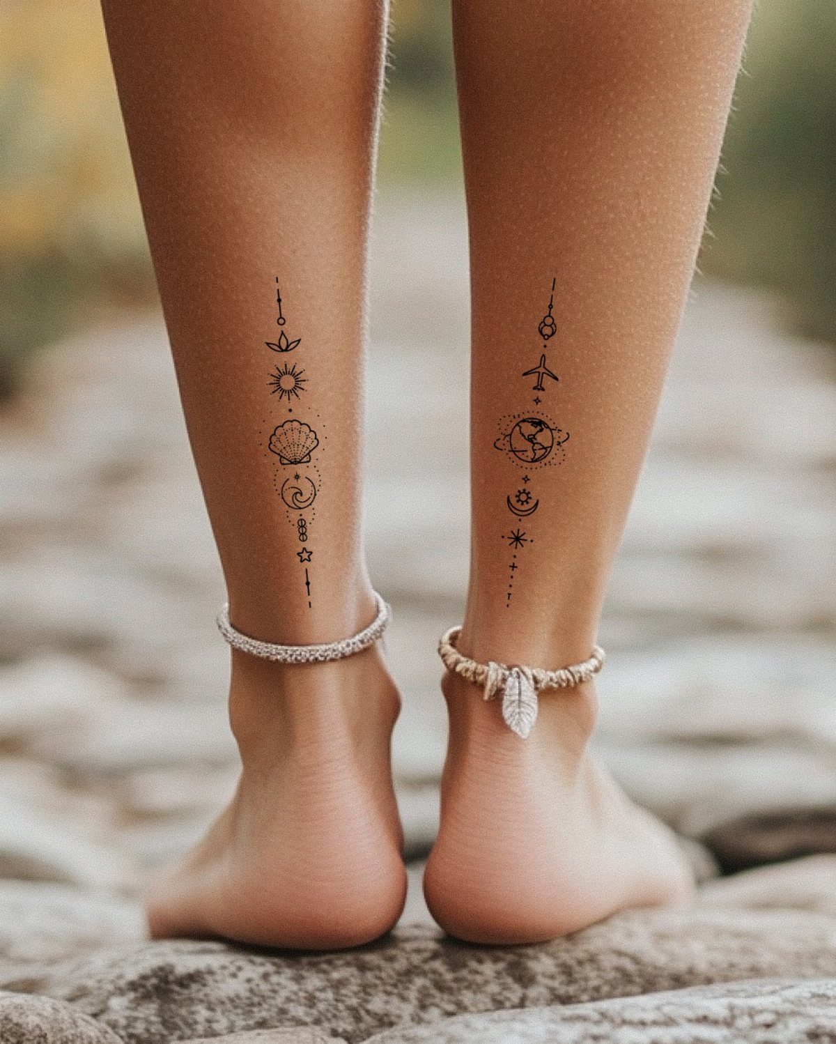8 Tiny Travel Tattoo Ideas for Your Next Piece of Ink 5 Two legs featuring small black ink tattoos of celestial symbols and a tiny globe.