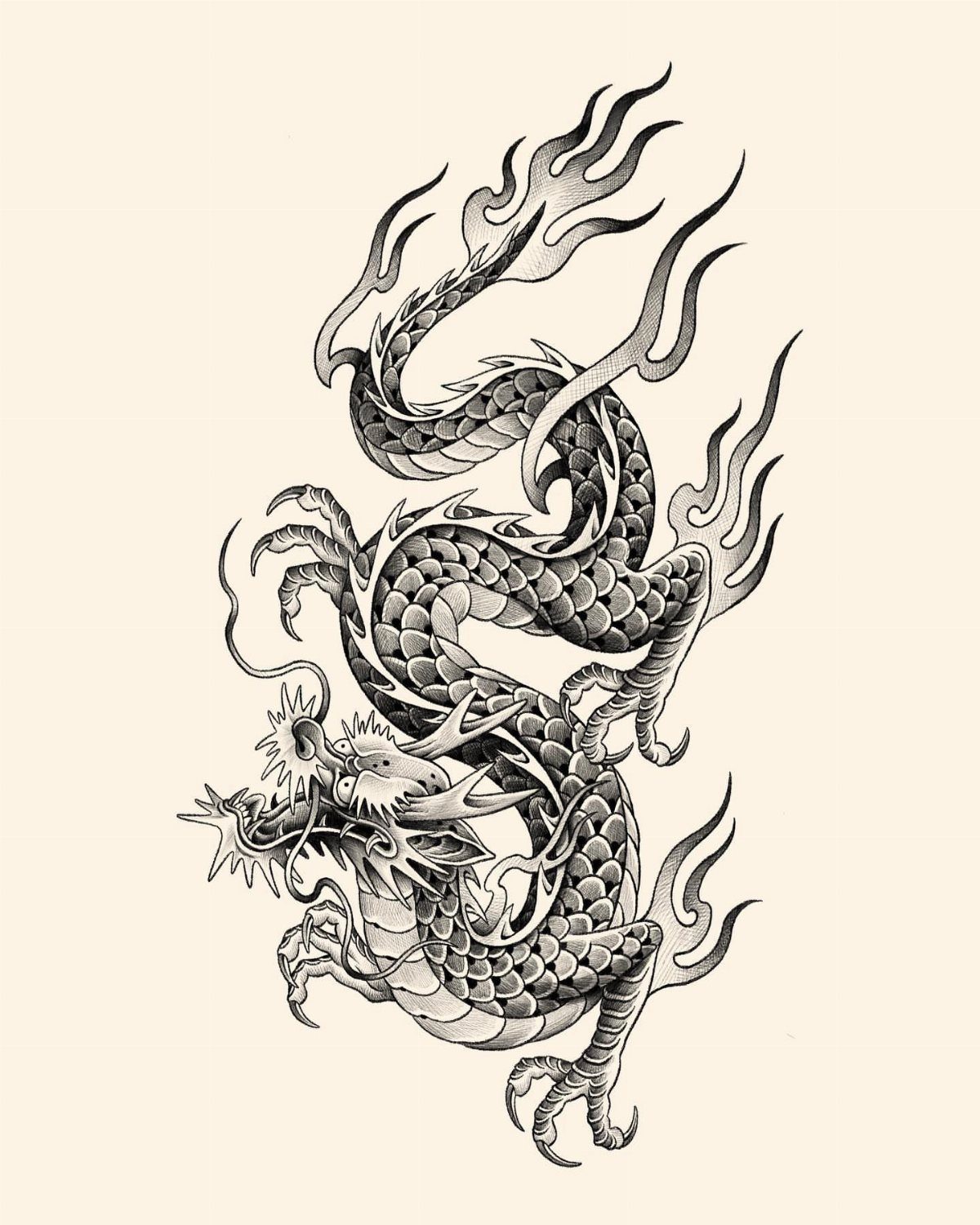 Traditional Dragon Tattoo: 9 Bold Designs That Carry Real Weight 9 A detailed black and white illustration of a serpentine dragon with scales and sharp claws.