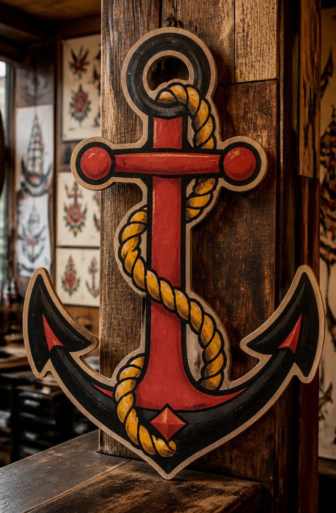 An anchor tattoo design with thick black outlines and bold colors.