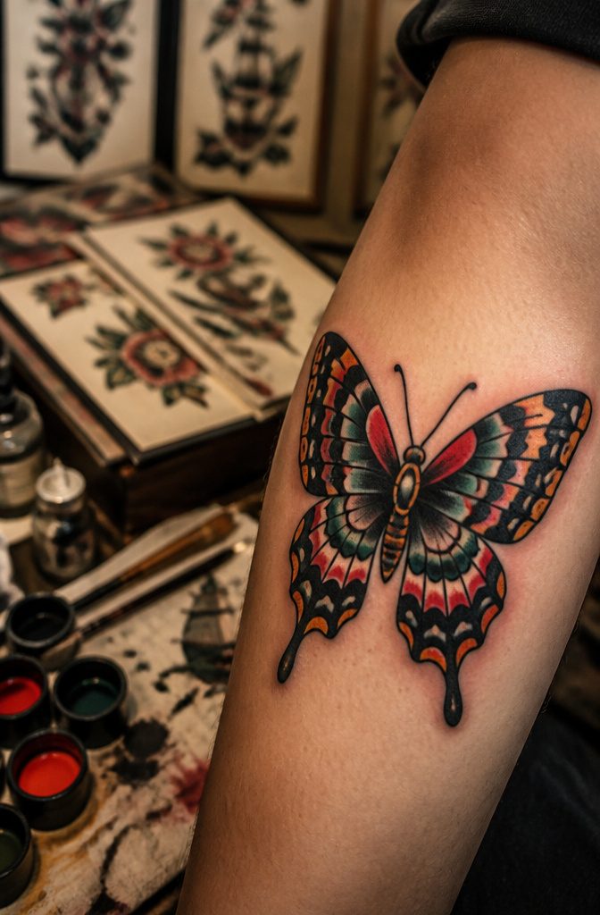 A butterfly tattoo design with symmetrical wings and bright colors.