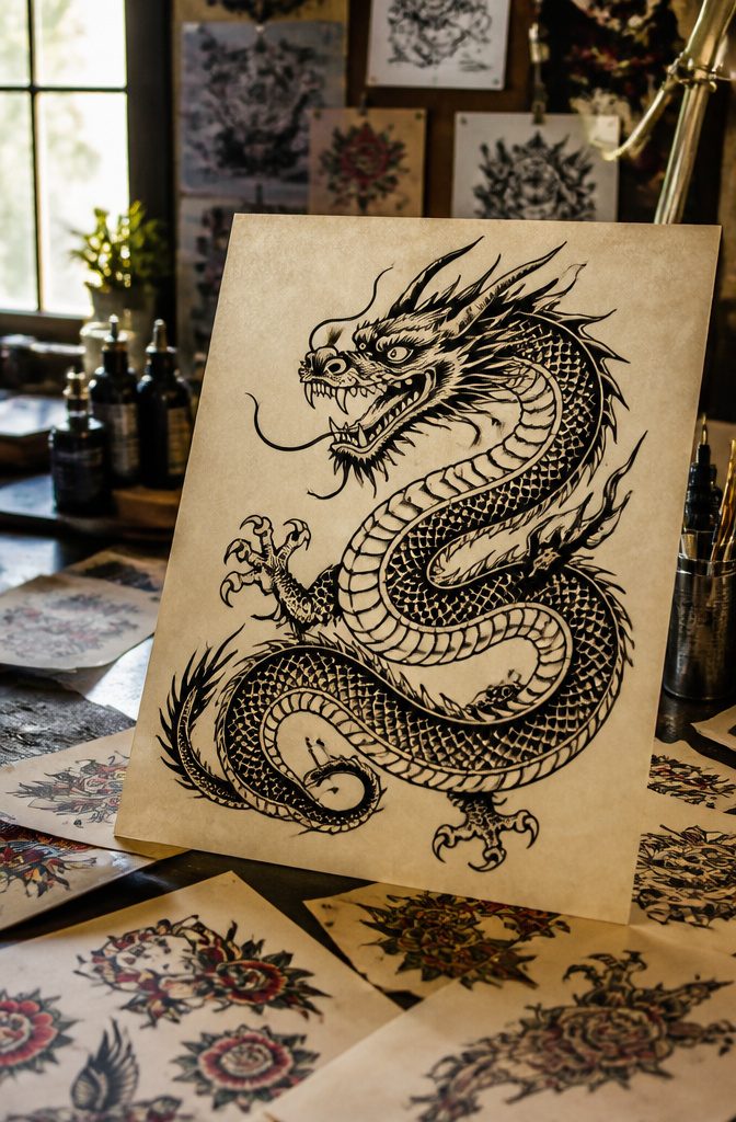 A dragon tattoo design with heavy outlines and limited colors.