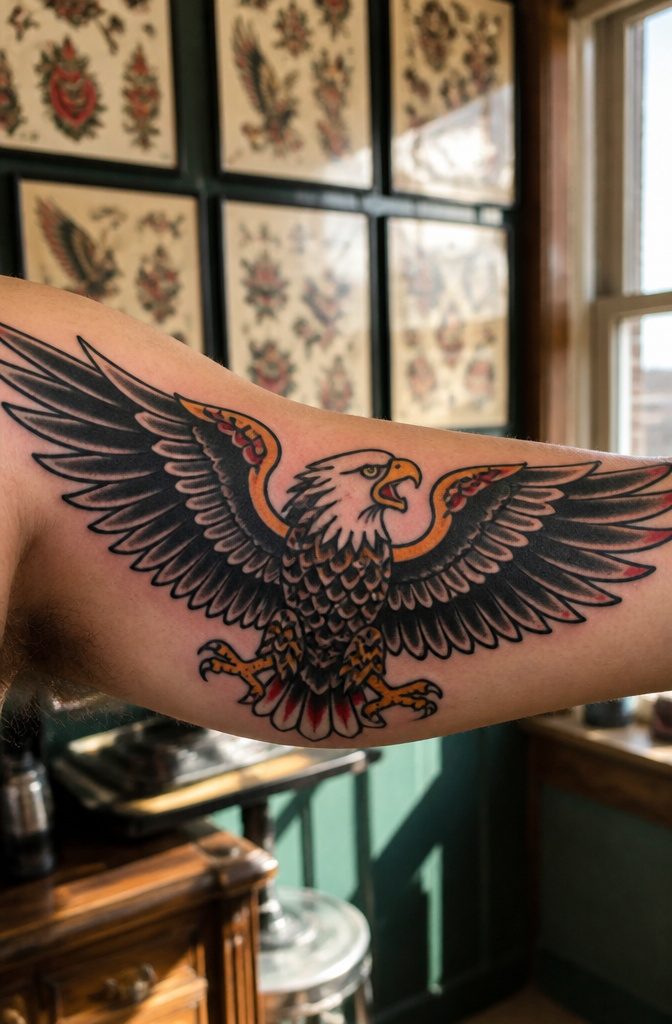An eagle tattoo design in flight with bold outlines.