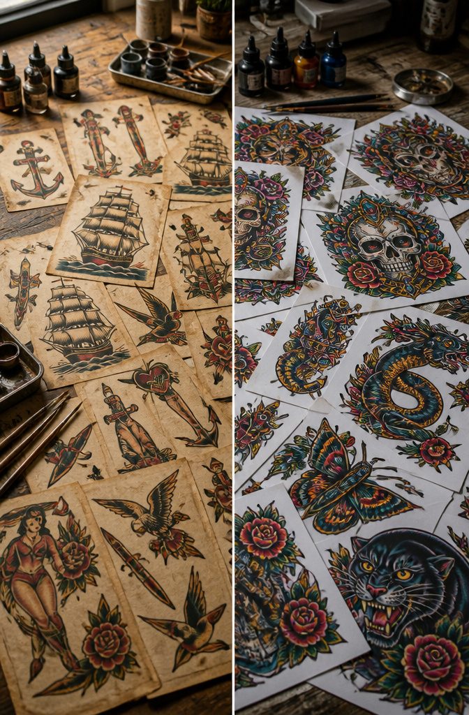 A photograph illustrating the evolution of traditional tattoo flash styles.