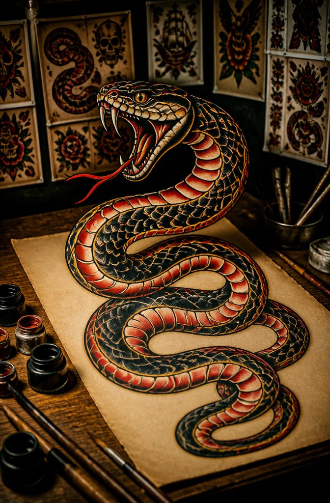 A tattoo design of a snake and panther with bold lines.