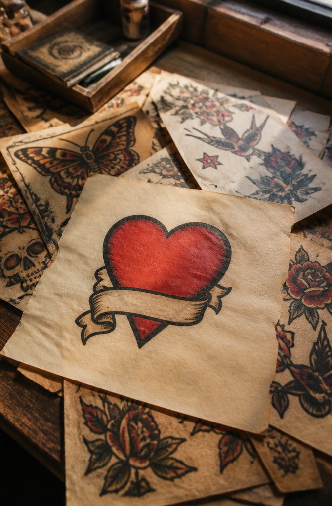 A heart tattoo design with a scroll and a name.
