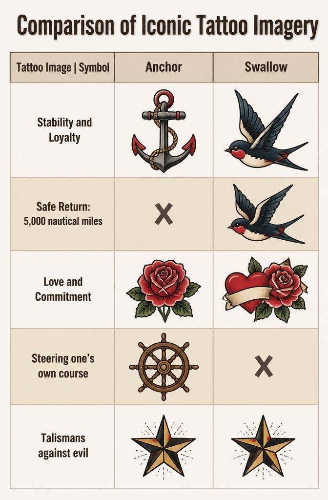 An information image comparing iconic tattoo imagery and their meanings.
