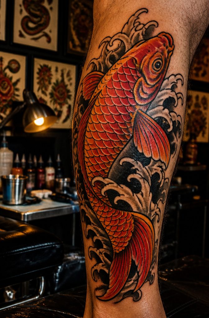 A koi fish tattoo design with a bold black outline and flat colors.