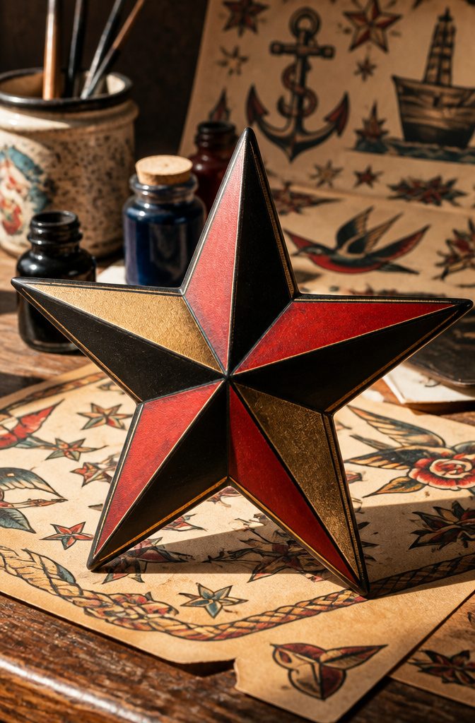 A nautical star tattoo design with a strong black outline.