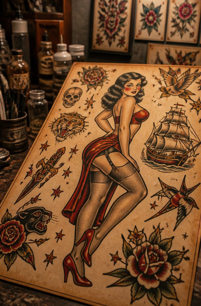 A pin-up girl tattoo design featuring bright colors and bold lines.