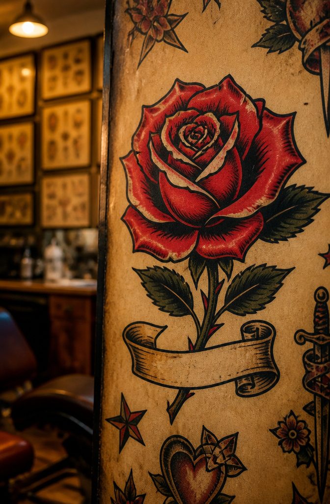 A rose tattoo design with bold outlines and flat colors.
