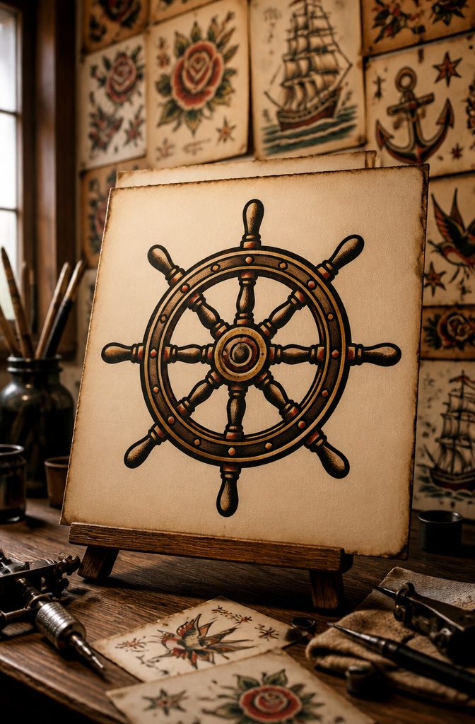 A ship wheel tattoo design with radiating spokes and bold lines.