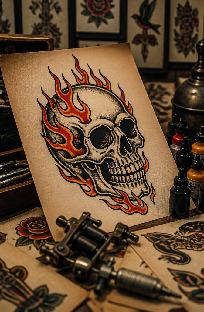 A skull tattoo design featuring flames and other embellishments.