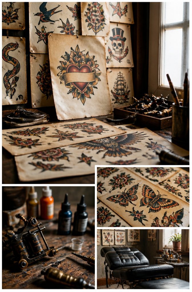 A vintage tattoo flash sheet featuring dice and decorative banners.