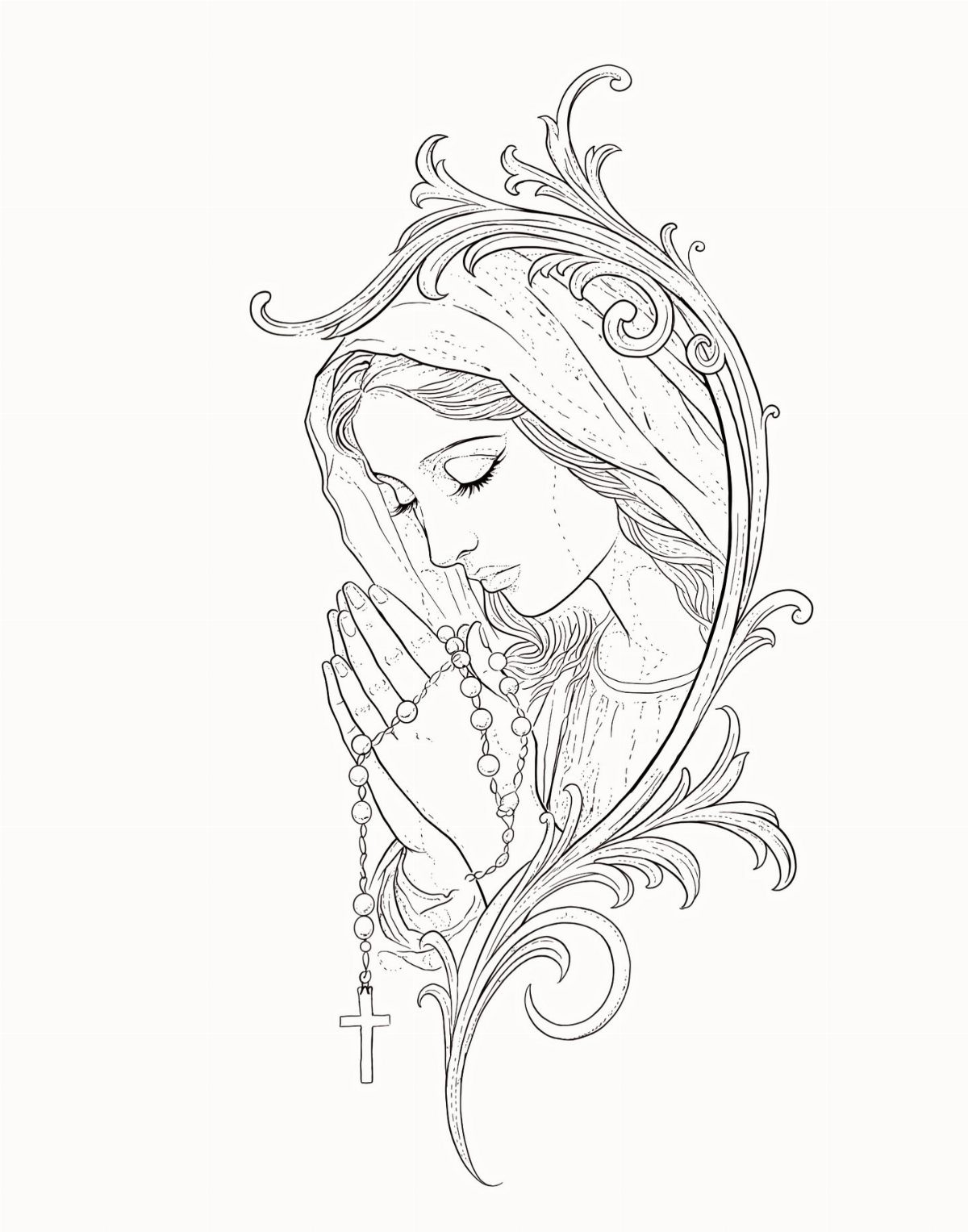 Line art drawing of a praying woman with a rosary and decorative floral swirls.