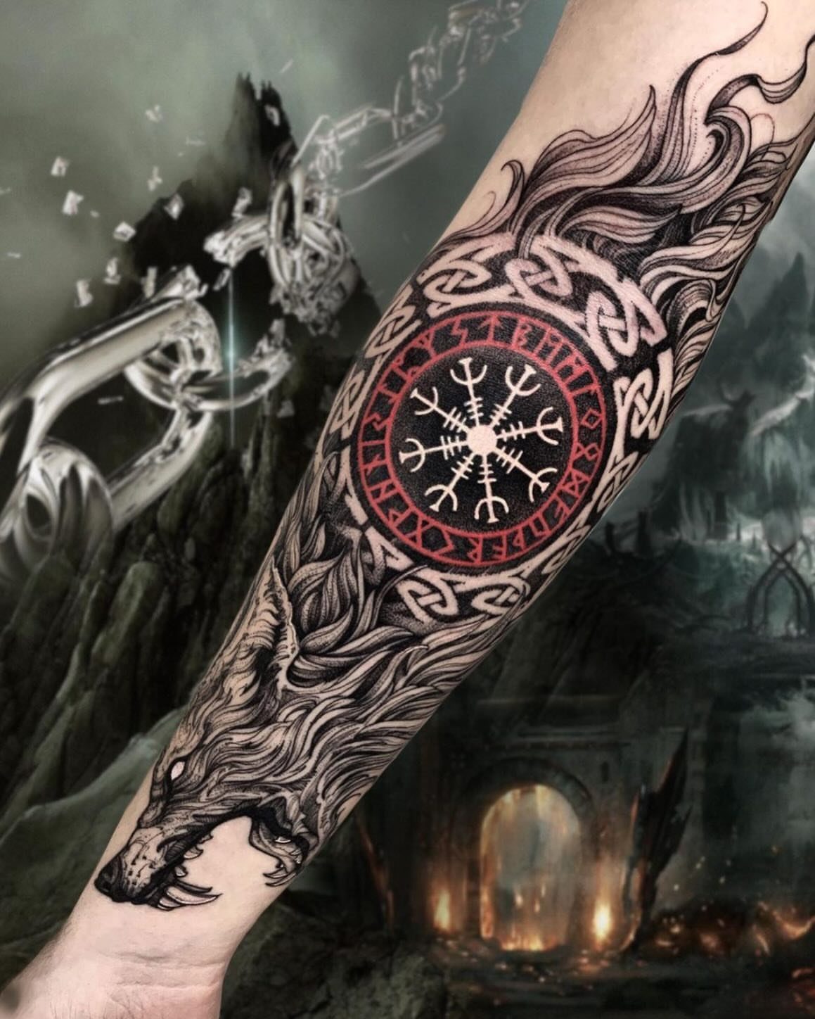 A detailed forearm tattoo featuring a circular rune design, knotwork, and a wolf head.