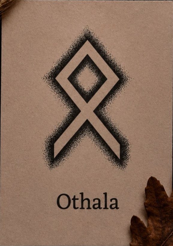The Othala rune symbol drawn with black stippled ink on tan paper.