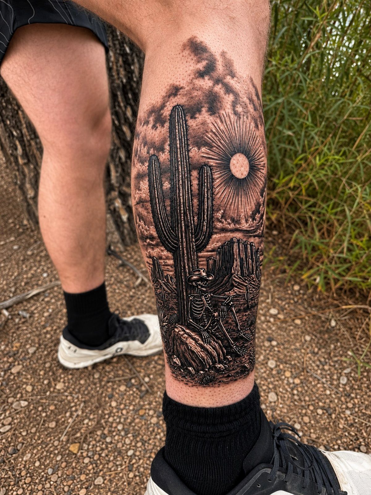 A detailed black and grey tattoo of a saguaro cactus and desert landscape on a person's leg.